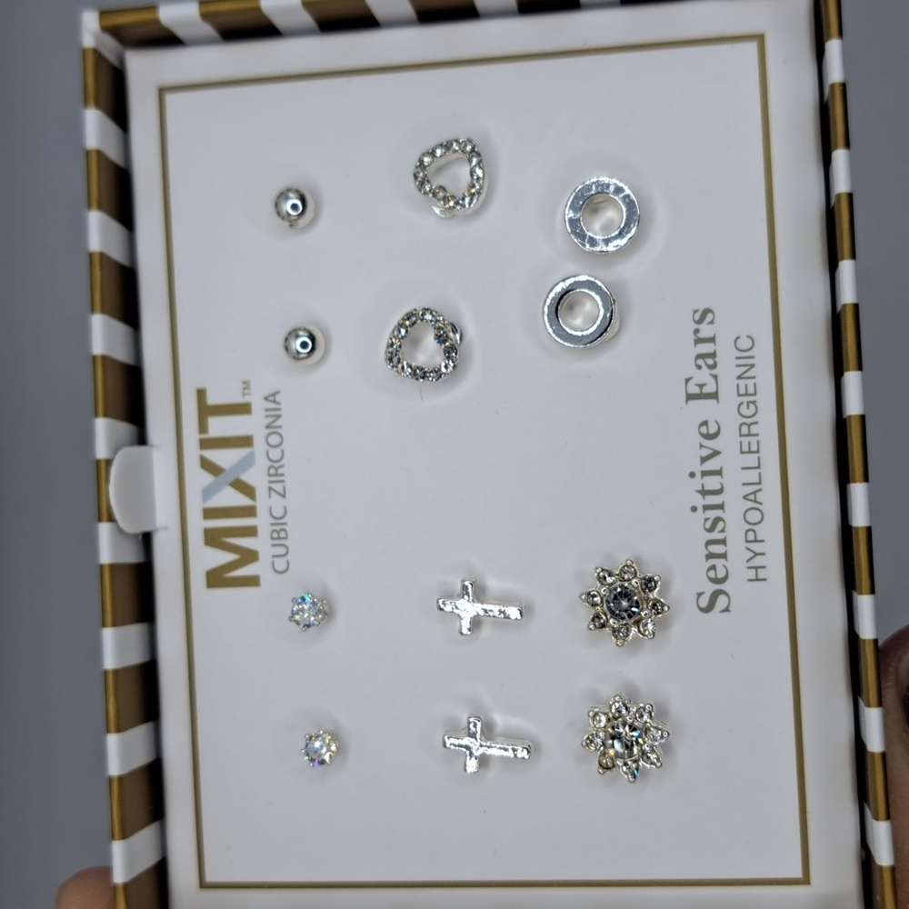 Mixit Silver Tone Sensitive Ears Post Stud Earrings 6 Pair In Striped Gift Box